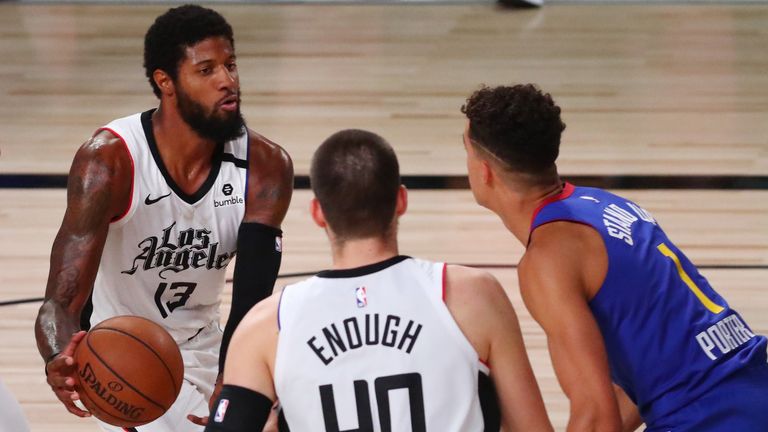 Paul George attacks the Nuggets defense