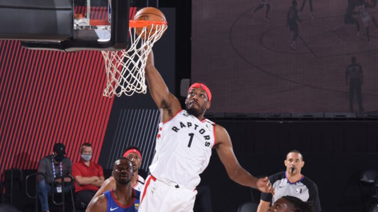 Paul Watson of the Toronto Raptors shoots the ball against the Denver Nuggets