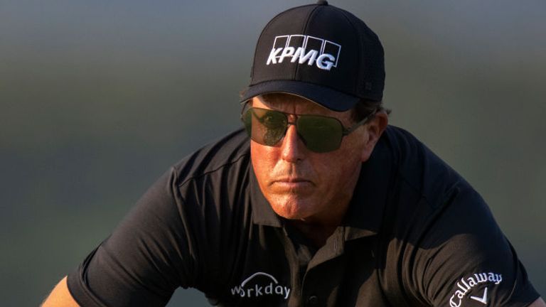 BRANSON, MO - AUGUST 24:  Phil Mickelson of the United States lines up a putt on the 18th green during round one of the Charles Schwab Series at Ozarks National on August 24, 2020 in Branson, Missouri. (Photo by Brett Carlsen/Getty Images) *** Local Caption *** Phil Mickelson