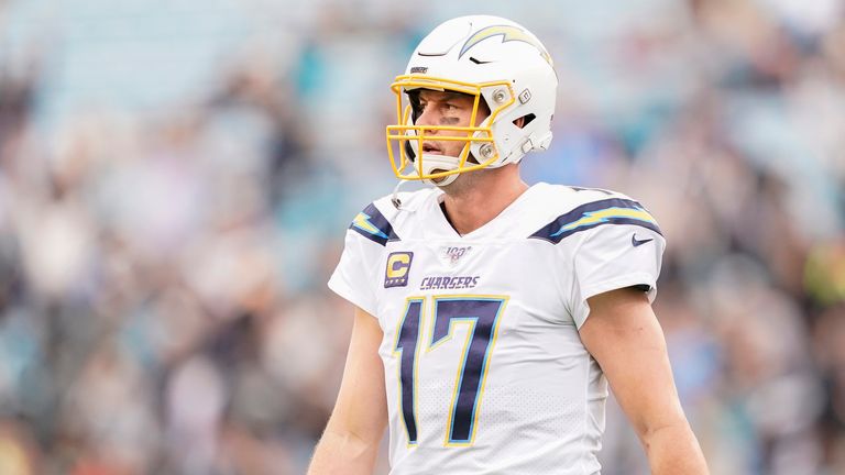 Philip Rivers of the Los Angeles Chargers looks on during the first quarter of a game against the Jacksonville Jaguars 