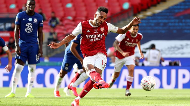 Pierre-Emerick Aubameyang equalises from the penalty spot against Chelsea in the FA Cup final