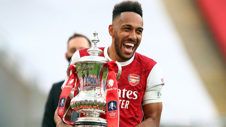 Pierre-Emerick Aubameyang lifts the FA Cup following Arsenal's 2-1 over Chelsea at Wembley