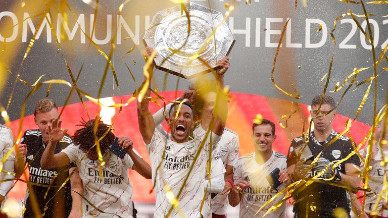 Pierre-Emerick Aubameyang celebrates as Arsenal win the 2020 Community Shield