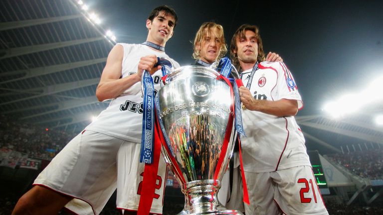 ATHENS, GREECE - MAY 23: Kaka (L), Massimo Ambrosini (C) and Andrea Pirlo (R) celebrate with the trophy Milan celebrate with the trophy during the UEFA Champions League Final match between Liverpool and AC Milan at the Olympic Stadium on May 23, 2007 in Athens, Greece. (Photo by Jamie McDonald/Getty Images)
