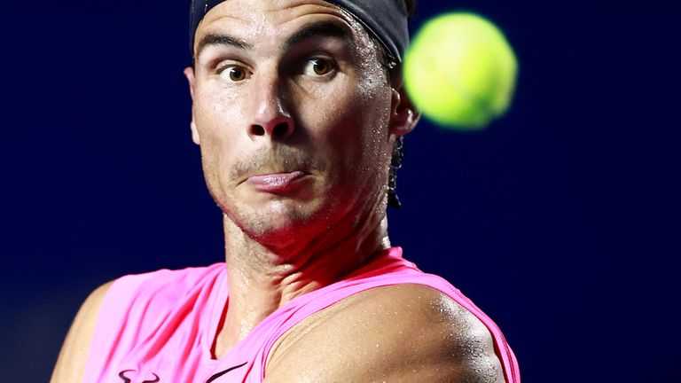 Rafael Nadal of Spain returns the ball during the singles match between Rafael Nadal of Spain and Grigor Dimitrov of Bulgaria as part of the ATP Mexican Open 2020 Day 5 at Princess Mundo Imperial on February 28, 2020 in Acapulco, Mexico