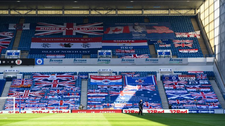 GLASGOW, SCOTLAND - AUGUST 09: A general view of displays in the stands during the Scottish Premiership match between Rangers and St Mirren at Ibrox Stadium, on August 09, 2020, in Glasgow, Scotland. .(Craig Foy / SNS Group)