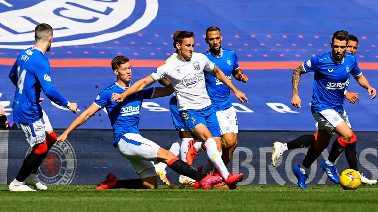 GLASGOW, SCOTLAND - AUGUST 22:  Rangers Cedric Itten and Bandon Haunstrup in action during  the Scottish Premiership match between Rangers  and Kilmarnock at Ibrox Stadium, on August 22, 2020, in Glasgow, Scotland. (Photo by Rob Casey / SNS Group)