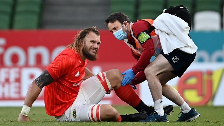 RG Snyman lays injured after landing awkwardly against Leinster