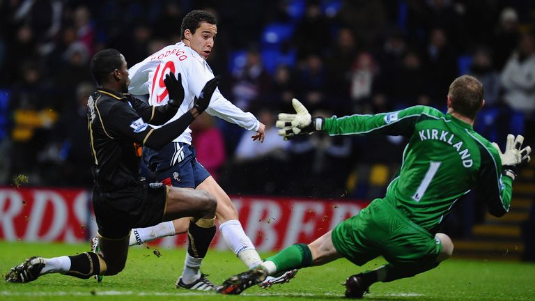 Rodrigo scores his first Premier League goal for Bolton against Wigan in 2011. 