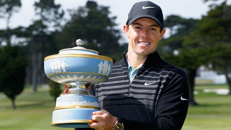 Rory McIlroy of Northern Ireland lifts the Walter Hagen Cup after defeating Gary Woodland 4&2 in the championship match of the World Golf Championships Cadillac Match Play at TPC Harding Park on May 3, 2015 in San Francisco, California