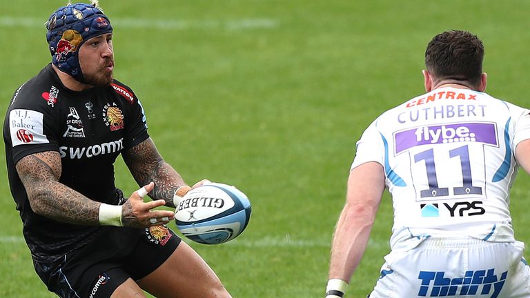 Jack Nowell in action against Alex Cuthbert during an Exeter inter-squad match