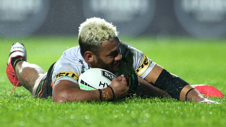 SYDNEY, AUSTRALIA - AUGUST 01: Apisai Koroisau of the Panthers scores a try during the round 12 NRL match between the Manly Sea Eagles and the Penrith Panthers at Lottoland on August 01, 2020 in Sydney, Australia. (Photo by Jason McCawley/Getty Images)