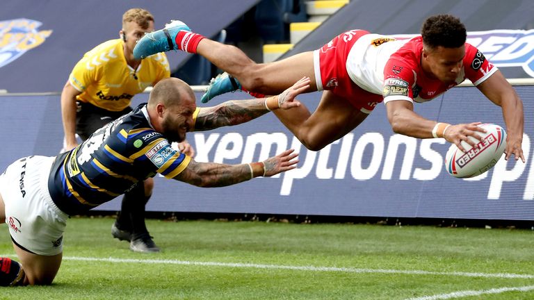 Regan Grace scores his second try against Leeds Rhinos