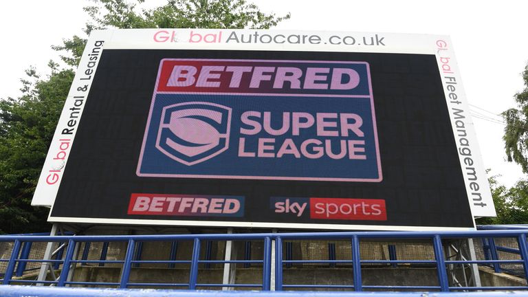 LEEDS, ENGLAND - AUGUST 09: The Betfred Super League logo is seen on the big screen ahead of the Betfred Super League match between Salford Red Devils and Hull FC at Emerald Headingley Stadium on August 09, 2020 in Leeds, England. Stadiums remain empty due to the Coronavirus Pandemic as Government social distancing laws prohibit fans inside venues resulting in fixtures being played behind closed doors. (Photo by George Wood/Getty Images)