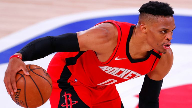 Russell Westbrook prepares to attack against the Milwaukee Bucks