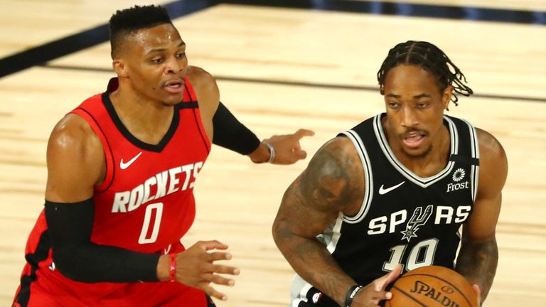 DeMar DeRozan is guarded by Russell Westbrook