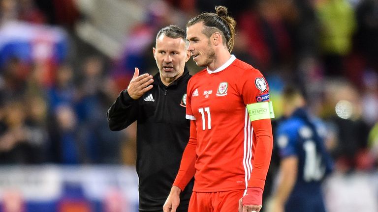 Ryan Giggs head coach of Wales and Gareth Bale talk after the UEFA Euro 2020 qualifier between Slovakia and Wales on October 10, 2019 in Trnava, Slovakia. 