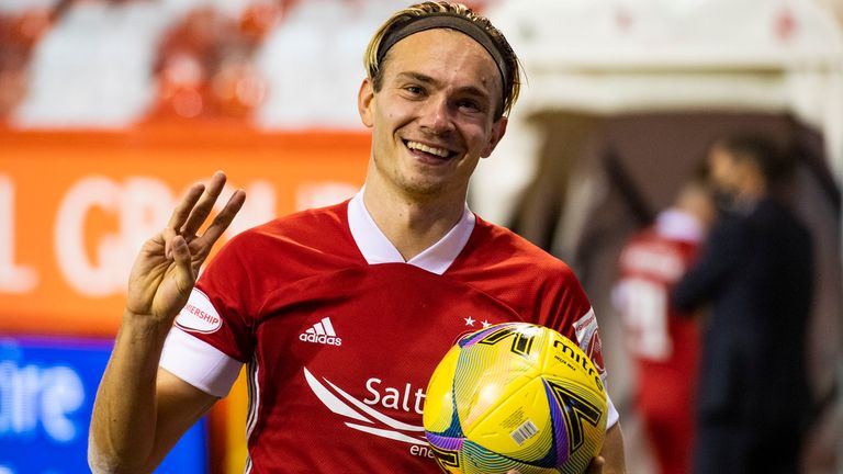 Aberdeen's Ryan Hedges with the match ball at Pittodrie after his hat-trick