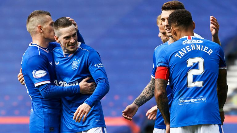 GLASGOW, SCOTLAND - AUGUST 22: Rangers Ryan Kent celebrates with Steven Davis after scoring to make it 2-0 during  the Scottish Premiership match between Rangers  and Kilmarnock at Ibrox Stadium, on August 22, 2020, in Glasgow, Scotland. (Photo by Rob Casey / SNS Group)