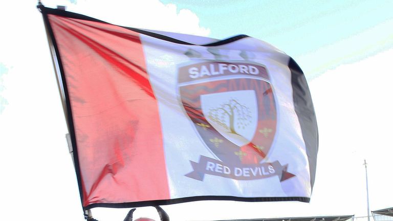 Picture by Chris Mangnall/SWpix.com - 10/02/2019 - Rugby League - Betfred Super League - Salford Red Devils v London Broncos - AJ Bell Stadium, Salford, England -
Salfords mascot and flag