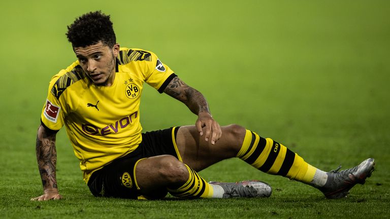 DORTMUND, GERMANY - JUNE 17: (EDITORS NOTE: Image has been digitally enhanced.) JKadon Sancho of Dortmund looks dejected during the Bundesliga match between Borussia Dortmund and 1. FSV Mainz 05 at Signal Iduna Park on June 17, 2020 in Dortmund, Germany. (Photo by Lars Baron/Bundesliga/Bundesliga Collection via Getty Images)