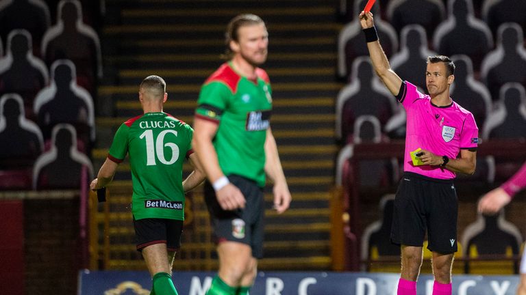 Glentoran's Seanan Clucas is shown a red card in the Europa League qualifier