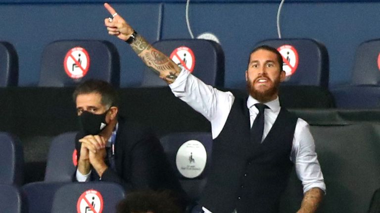 The suspended Sergio Ramos watched on nervously from the stands at the Etihad