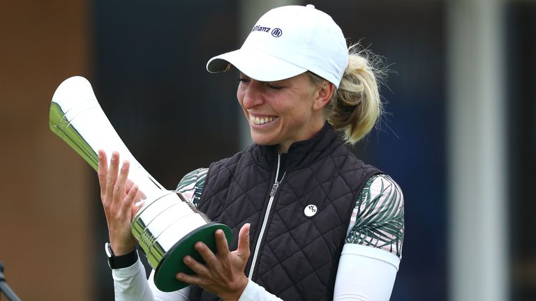 Sophia.Popov lifts the trophy following the final round during Day Four of the 2020 AIG Women&#39;s Open at Royal Troon on August 23, 2020 in Troon, Scotland. (Photo by R&A - Handout/R&A via Getty Images)