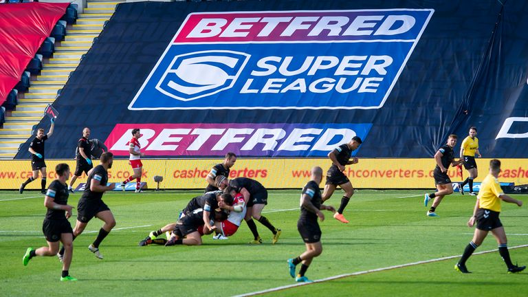 Picture by Allan McKenzie/SWpix.com - 02/08/2020 - Rugby League - Betfred Super League - St Helens v Catalan Dragons - Emerald Headingley Stadium, Leeds, England - Betfred, flag, branding.
