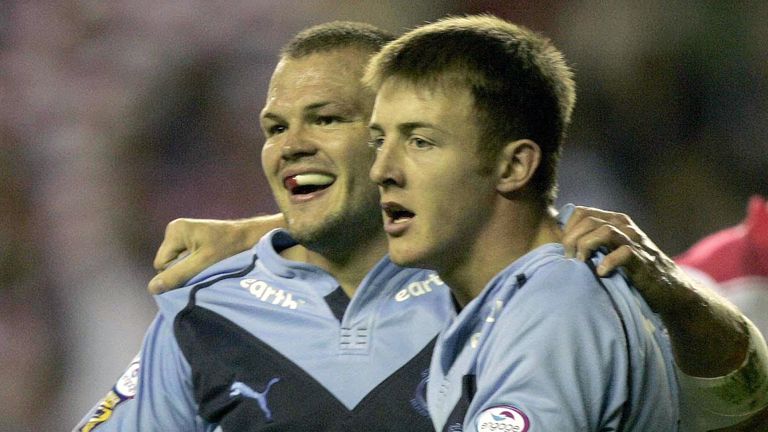 RUGBYL Wigan 3
St Helens Kieron Cunningham (L) celebrates scoring a try with James Roby during the Engage Super League match at the JJB Stadium, Wigan, Friday September 9, 2005. PRESS ASSOCIATION Photo. Photo credit should read: Dave Thompson/PA. **EDITORIAL USE ONLY**