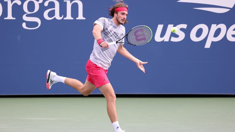 Stefanos Tsitsipas of Greece returns the ball during his Men's Singles first round match against Albert Ramos-Vinolas of Spain on Day One of the 2020 US Open at the USTA Billie Jean King National Tennis Center on August 31, 2020 in the Queens borough of New York City.