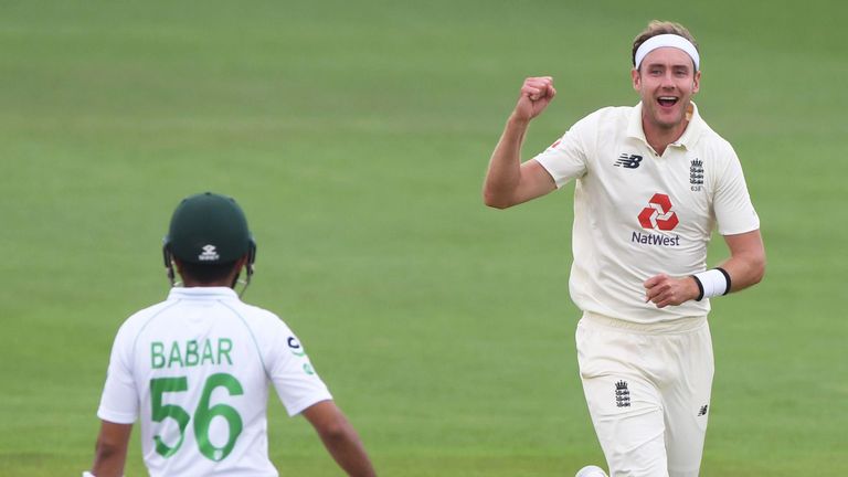 SOUTHAMPTON, ENGLAND - AUGUST 14: Stuart Broad of England celebrates after taking the wicket of Babar Azam of Pakistan during Day Two of the 2nd #RaiseTheBat Test Match between England and Pakistan at the Ageas Bowl on August 14, 2020 in Southampton, England. 
