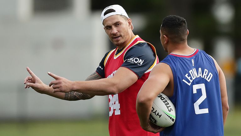 SYDNEY, AUSTRALIA - AUGUST 15: Sonny Bill Williams talks to Siosiua Taukeiaho during a Roosters training session at Tramway Oval at Moore Park on August 15, 2020 in Sydney, Australia. (Photo by Mark Metcalfe/Getty Images)