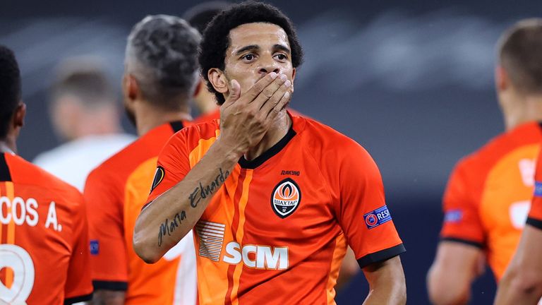 Taison of Shakhtar Donetsk celebrates after scoring his side's second goal against Basel 