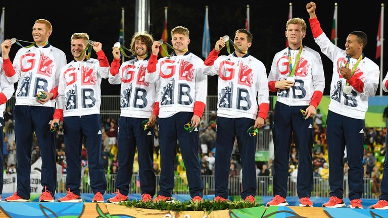 Silver medallists Britain celebrate on the podium at the Rio 2016 Olympic Games 