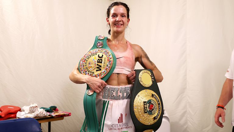 HANDOUT PICTURE COMPLIMENTS OF MATCHROOM BOXING.Matchroom Boxing Fight Camp 2 Fight Night.7 August 2020.Picture By Mark Robinson.Terri Harper vs Natasha Jonas, WBC and IBO World Super Featherweight Title..Terri Harper celebrates retaining her titles. 