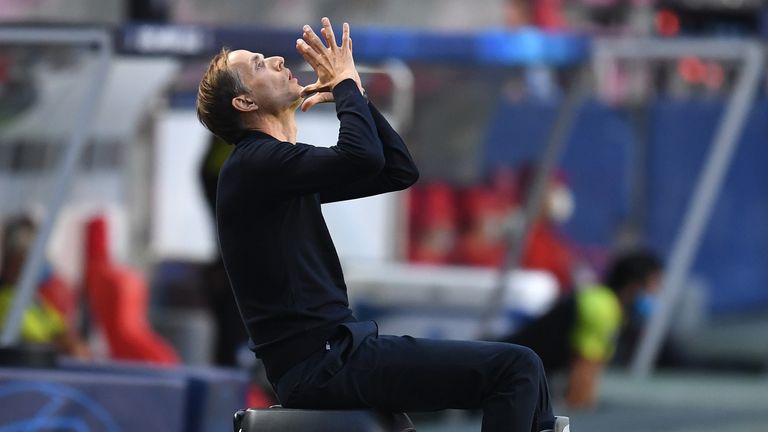 PSG boss Thomas Tuchel looks to the skies during a frustrating first half