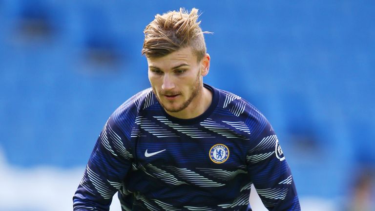 Timo Werner warms up ahead of Chelsea's friendly at Brighton