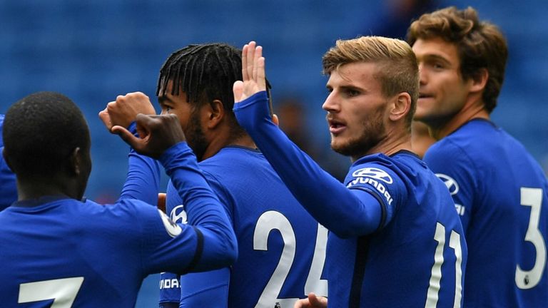 Chelsea's Timo Werner celebrates his debut goal against Brighton in a pre-season friendly at the Amex Stadium