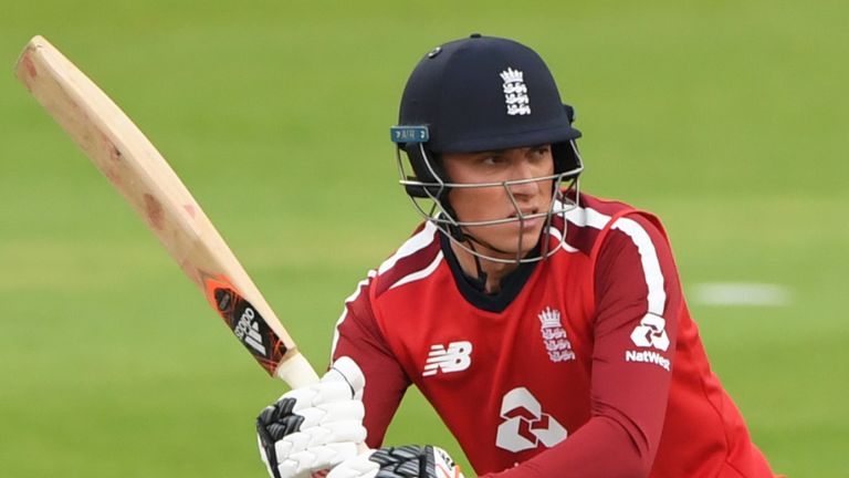 Tom Banton of England plays a shot during the 1st Vitality International Twenty20 match between England and Pakistan at Emirates Old Trafford on August 28, 2020 in Manchester, England. (