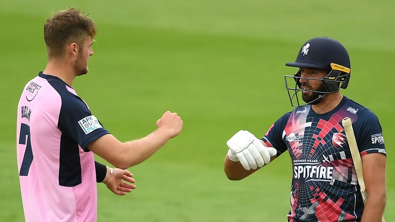 Tom Helm and Jack Leaning react after Middlesex and Kent's tie in the Vitality Blast at Lord's