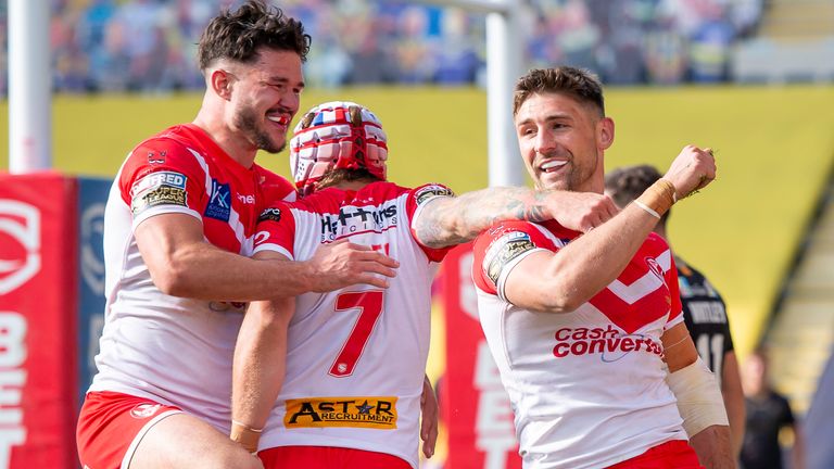 Tommy Makinson celebrates after scoring an impressive individual try