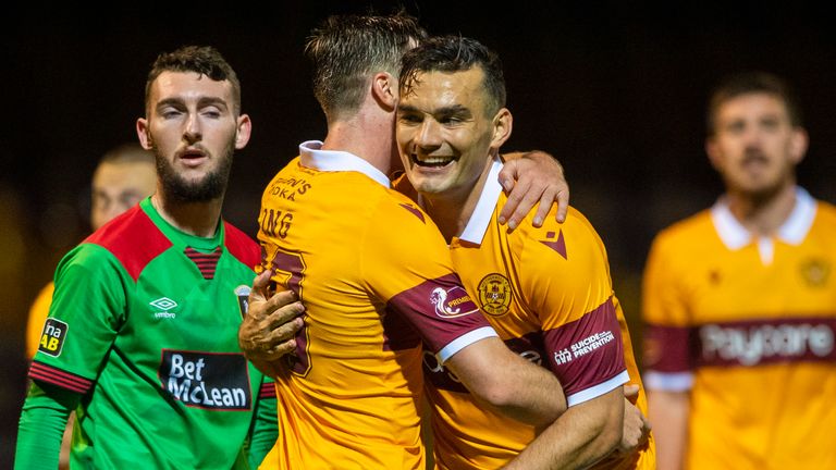 Tony Watt celebrates after he makes it 4-0 against Glentoran at Fir Park