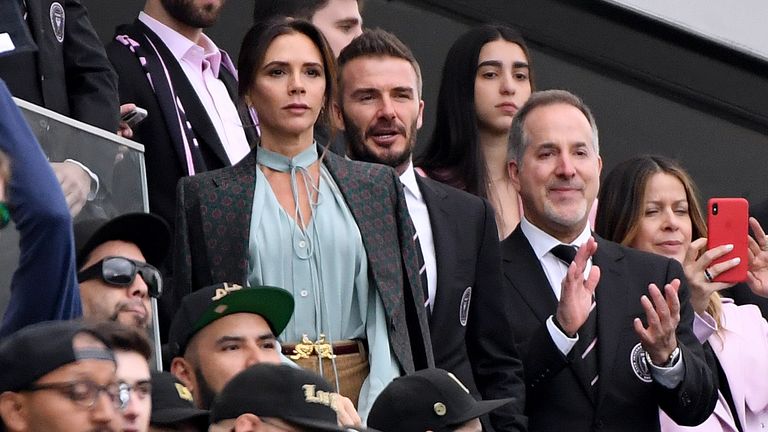David and Victoria Beckham watch on during Inter's first game back in March