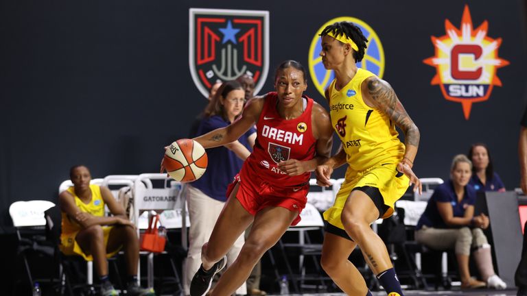 Betnijah Laney #44 of the Atlanta Dream handles the ball against the Indiana Fever on August 2, 2020 at Feld Entertainment Center in Palmetto, Florida. 