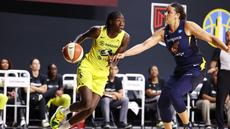 Natasha Howard #6 of the Seattle Storm drives to the basket against the Indiana Fever on AUGUST 25, 2020 at Feld Entertainment Center in Palmetto, Florida. 