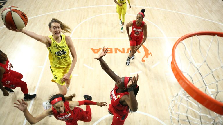 Breanna Stewart #30 of the Seattle Storm shoots the ball against the Atlanta Dream on August 6, 2020 at Feld Entertainment Center in Palmetto, Florida. 