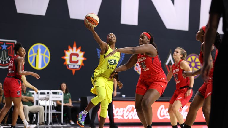 Jewell Loyd #24 of the Seattle Storm shoots the ball against the Atlanta Dream on August 12, 2020 at Feld Entertainment Center in Palmetto, Florida. 