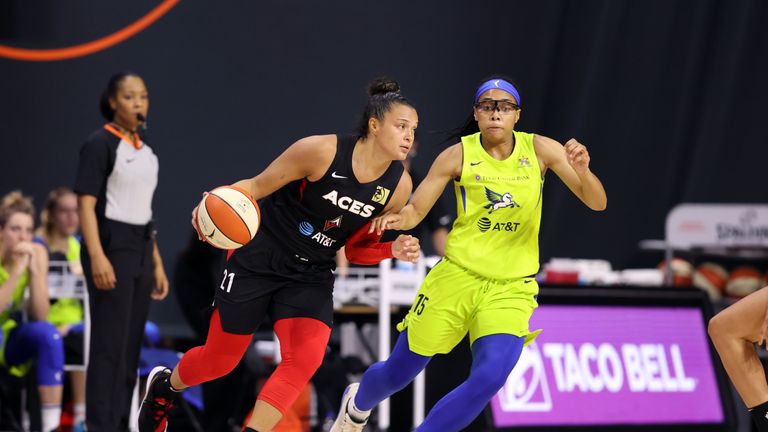 Kayla McBride #21 of the Las Vegas Aces handles the ball during the game against the Dallas Wings on August 2, 2020 at Feld Entertainment Center in Palmetto, Florida. 