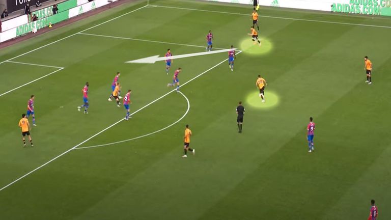 Matt Doherty gets on the end of Joao Moutinho's pass to set up Wolves' opening goal against Crystal Palace